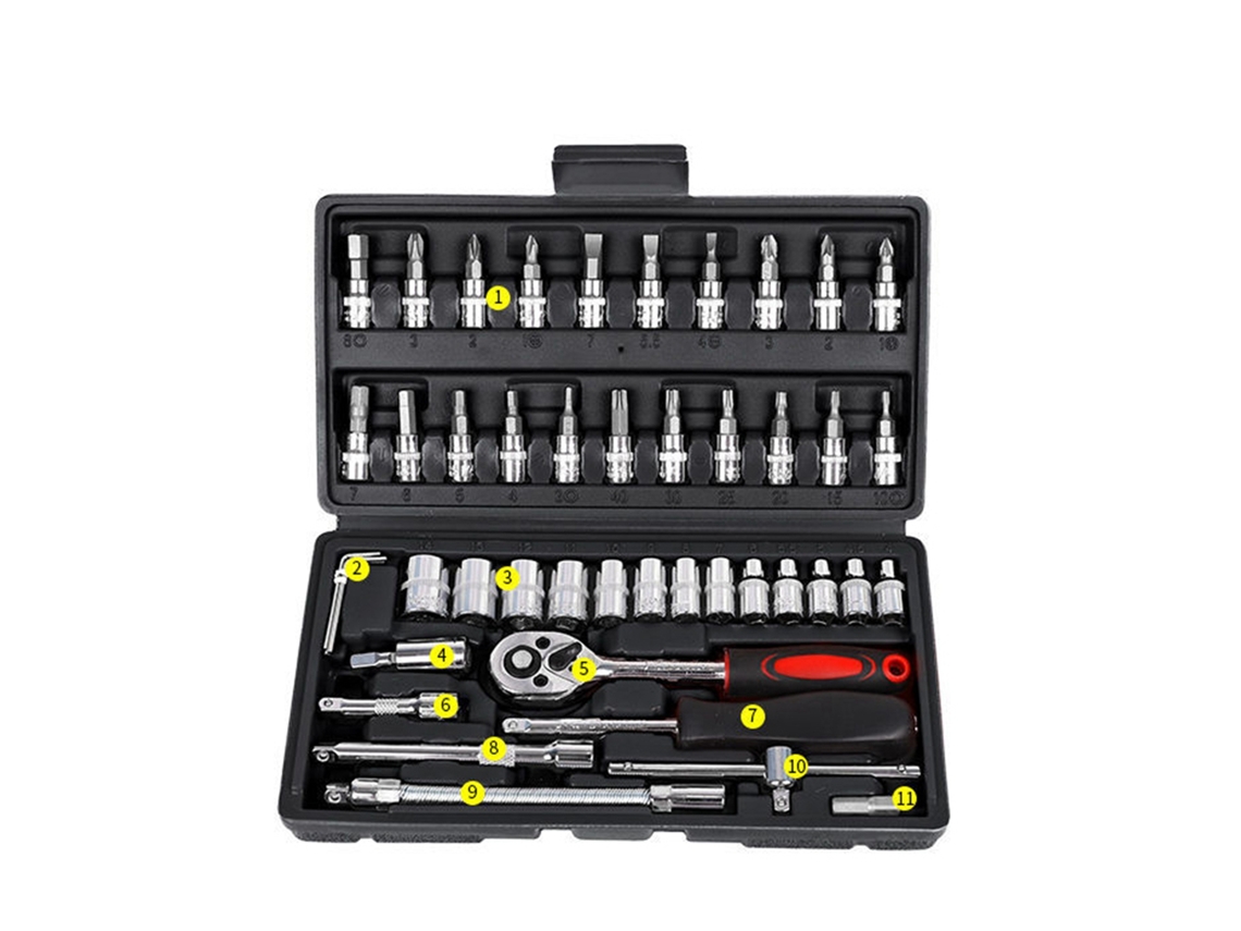Kit De Ferramentas De Reparação Industrial Com 46 Peças: Chave De Ratchê De 1/4 Polegada, Chaves De Canhão E Bits De Motorista Preto