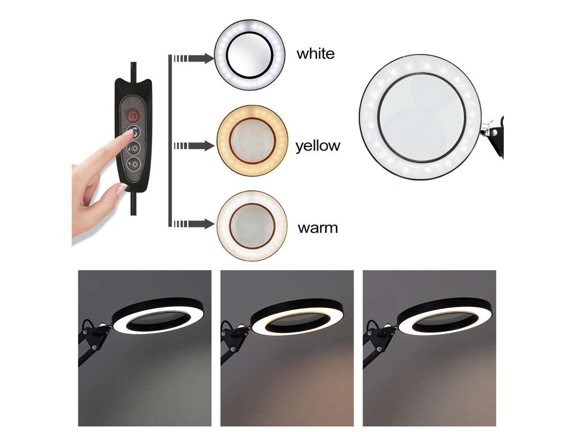 Lupa de Mesa 5x com Luz LED Ajustável, Base Giratória 360° e Alimentação USB | S/MARCA