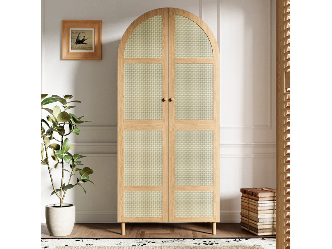 Guarda-roupa moderno com portas curvas, amplo espaço de armazenamento, gavetas e armários, ideal para quarto e hall de entrada.