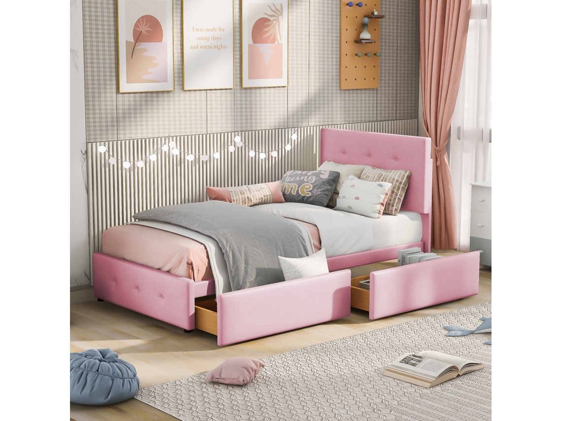 Cama Estofada Rosa 90x200 Cm, Veludo, Estrado De Ripas, 2 Gavetas, Infantil