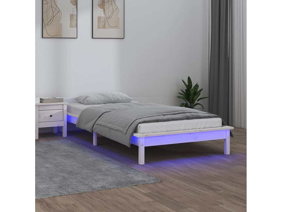 Vidaxl Estrutura Cama C/ Led Solteiro 90x190 Cm Madeira Maciça Branco