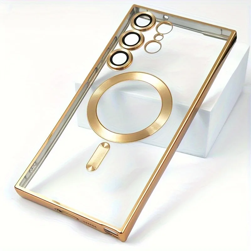 Capa Transparente Magnética Eletroplaqueada Para Celular Samsung (galaxy S26 Dourado), Com Protetor De Lente Macio.