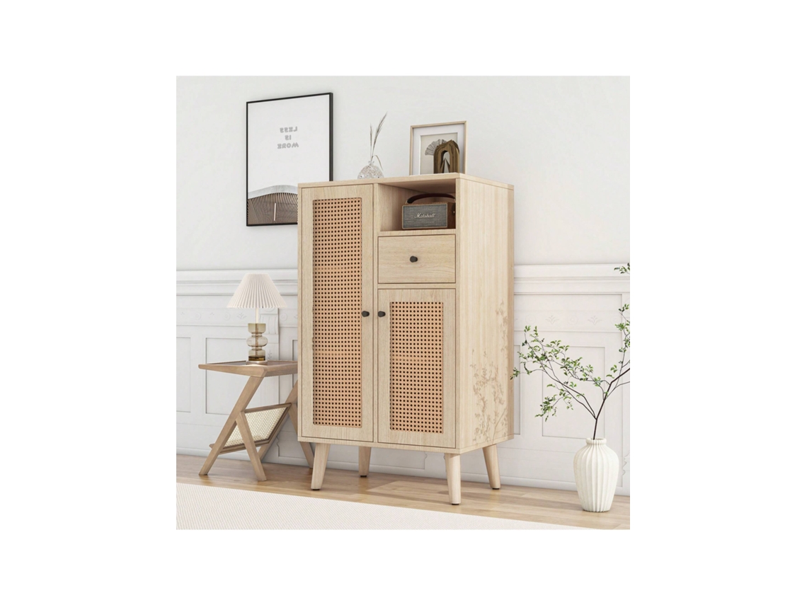 Aparador de madeira Hvorstur 60 x 40 x 101 cm com 2 portas de vime e 1 gaveta, armário de canto com amplo espaço de armazenamento