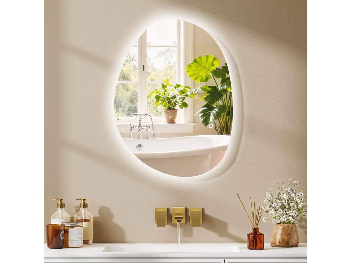 70 X 50 Cm Asymmetrical Bathroom Mirror With Led Light, Smart Touch Switch, Anti-fog Function, Silver
