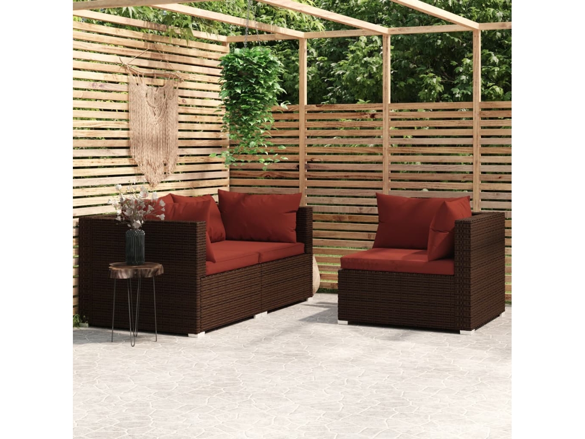 Conjunto de Móveis de Jardim HARLANV1 com 3 peças, lounge com almofadões Vime castanho