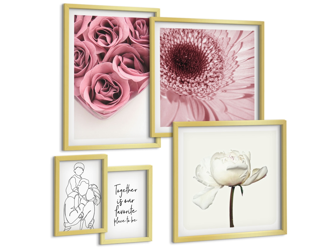 Composição De Quadros Na Parede Motivos De Plantas Em Bege E Marrom Moldura Dourada Fotos Para O Escritório Espelharte (conjunto De 5 Imagens)