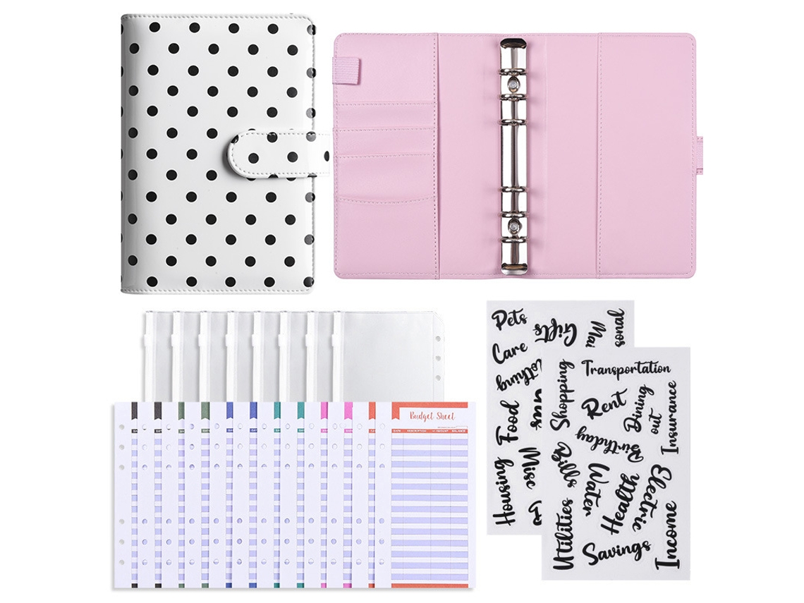 Creative Round Polka Dot A6 Loose Leaf Cash Budget Book With Standard Gift Pack White 12-budget Cards + 8-zipper Bags