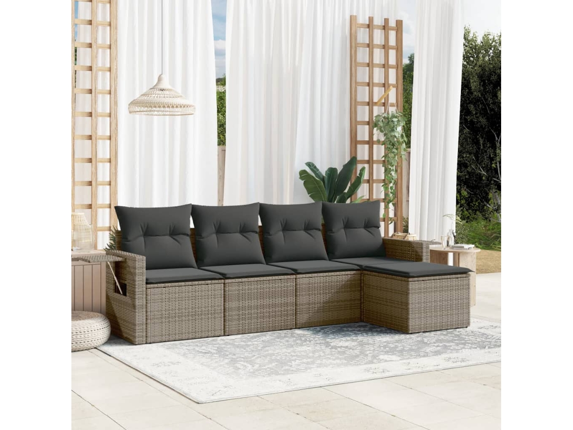 Vidaxl 5 Pcs Conjunto Sofás De Jardim C/ Almofadões Vime Pe Cinzento