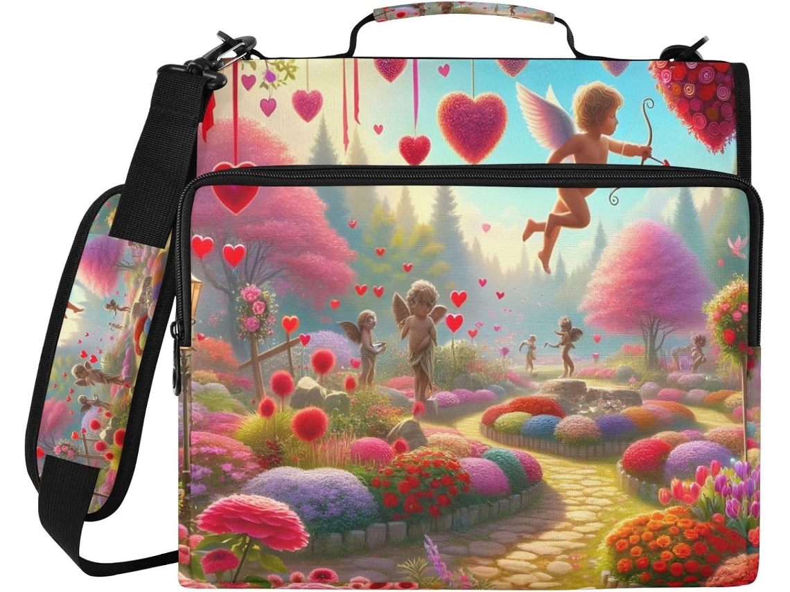 Pasta Organizadora Floral Path com Compartimento para Laptop, Zíper Resistente à Água, Pasta com 3 Argolas Escola E