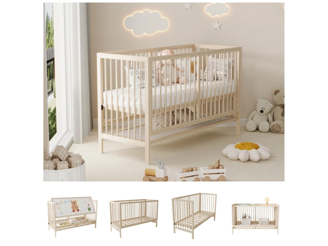 Cama Bebê Natural 140x60x90cm, Multifuncional, Abeto.-op