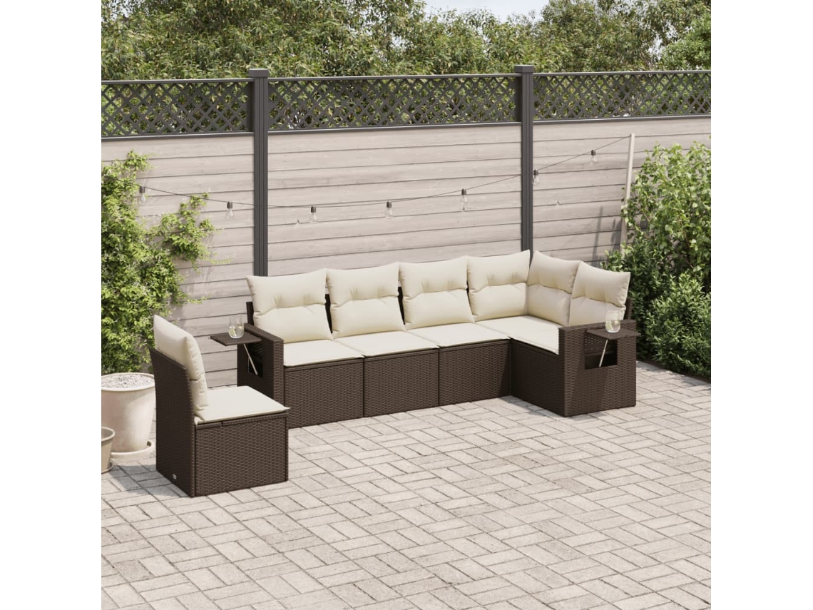 6 Pcs Conjunto De Sofá Jardim C/ Almofadões Vime Pe Marrom Dkd Home Decor