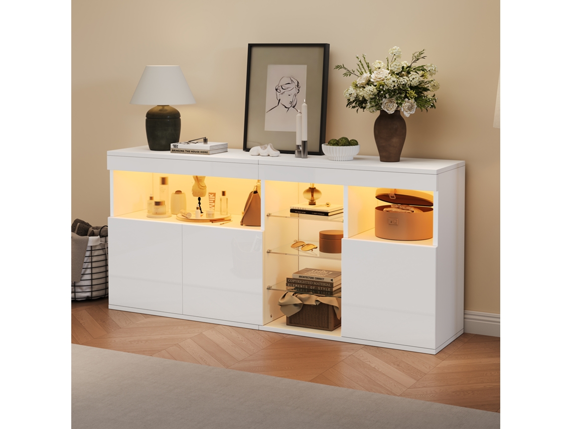 Armário Sala Branco 155,5x35x72cm, Alto Brilho, Led, 3 Portas, 3 Divisórias Vidro. Cs