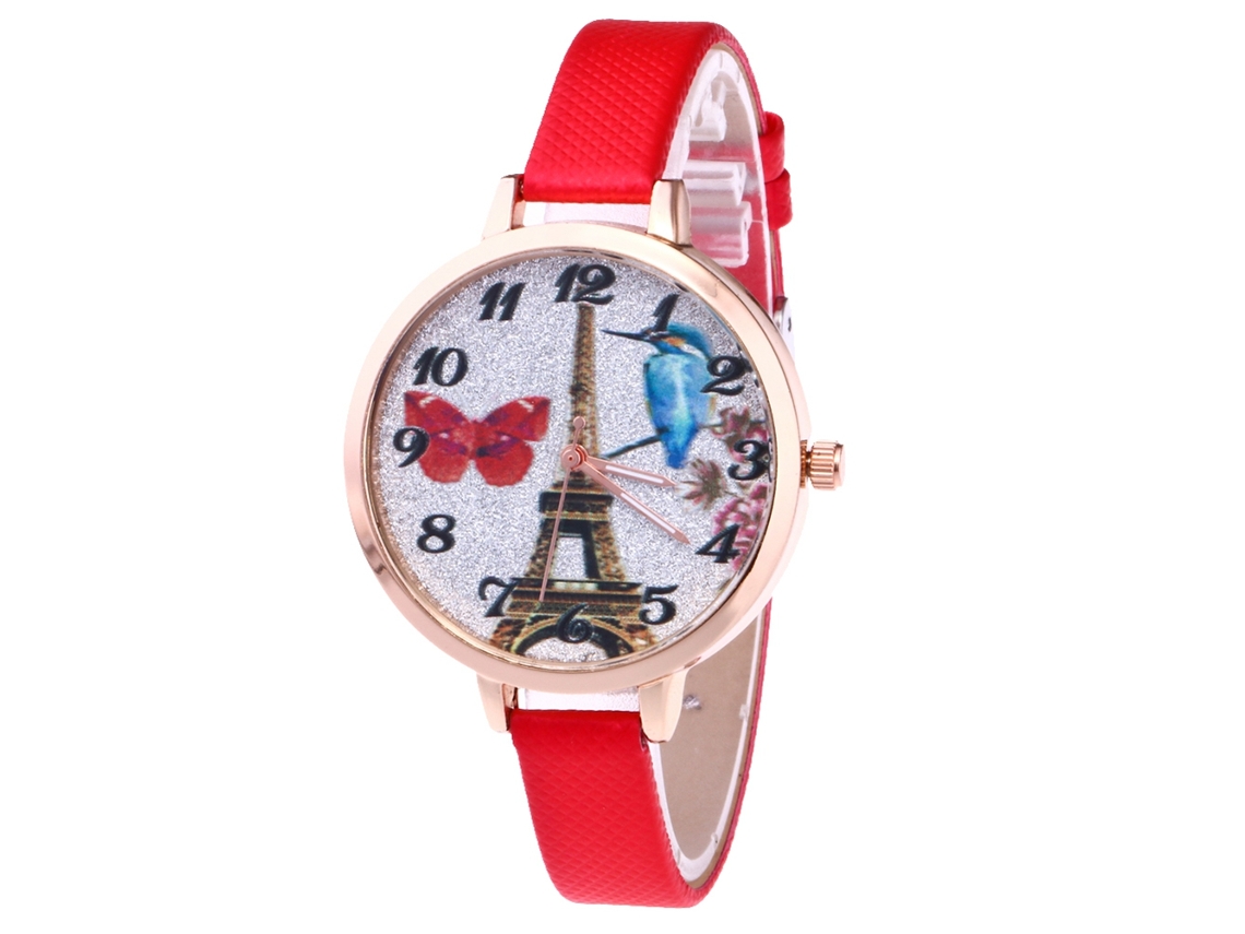 Relógio de Pulso Feminino de Quartzo com Pulseira de Couro Moda Simples (vermelho)