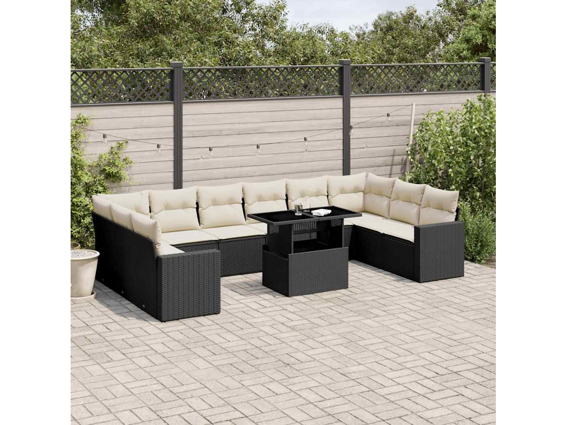 Vidaxl 11 Pcs Conjunto Sofás de Jardim C/ Almofadões Vime Pe Preto