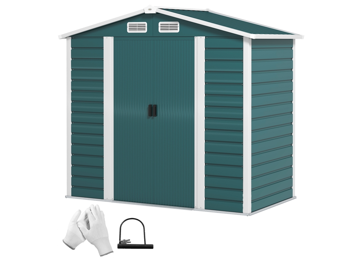 Galpão Metálico de Jardim 213x120x194cm com portas deslizantes, saídas de ar reforço base verde escuro | S/MARCA