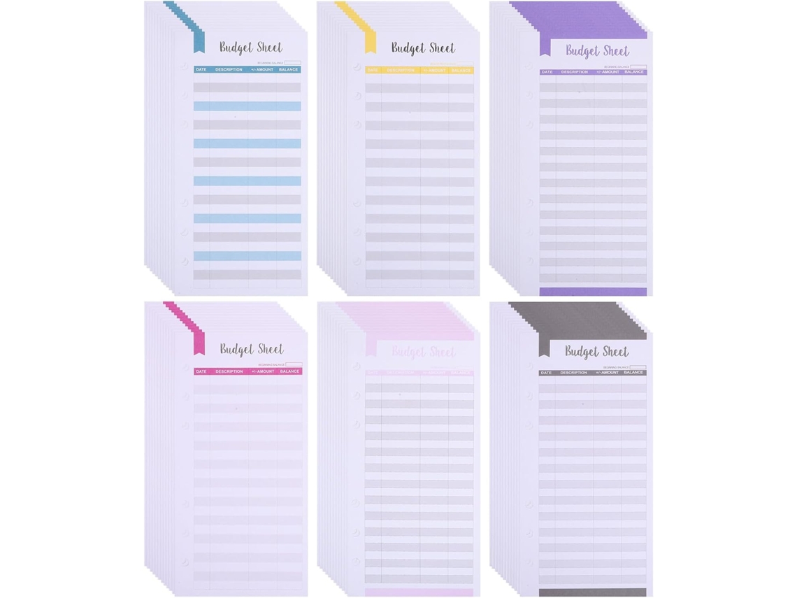 Pacote Com 72 Folhas de Orçamento Genérico Tamanho A6, 6 Furos, 6 Núcleos Ordenados Azul, Amarelo, Roxo, Vermelho, Rosa E
