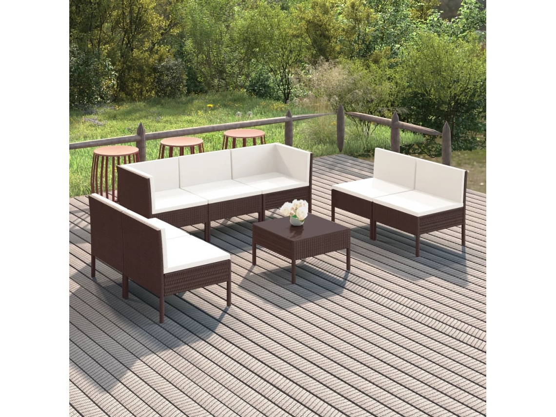 Vidaxl 8 Pcs Conjunto Lounge Jardim C/ Almofadões Vime Pe Castanho
