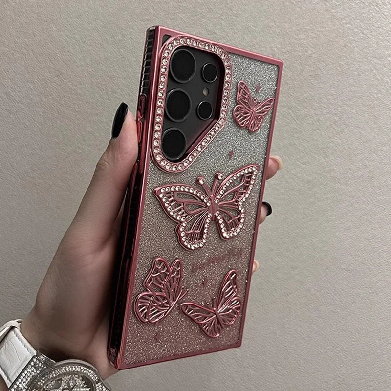 Capa Para Celular Com Estampa De Borboleta (s24 Plus Rosa), Feita De Tpu De Silicone Macio E Transparente.