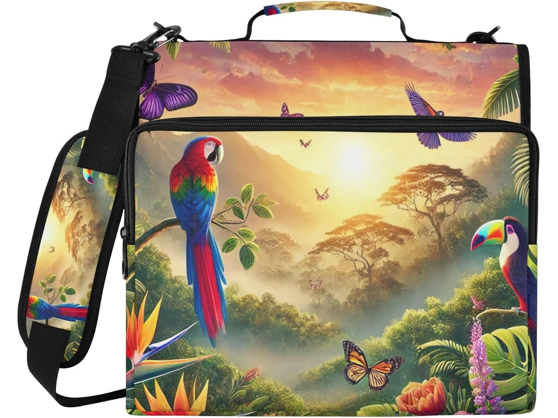 Pasta Fichário Com 3 Argolas, Estampa De Pássaros Tropicais, Na Cor Verde, Com Compartimento Laptop E Tecido