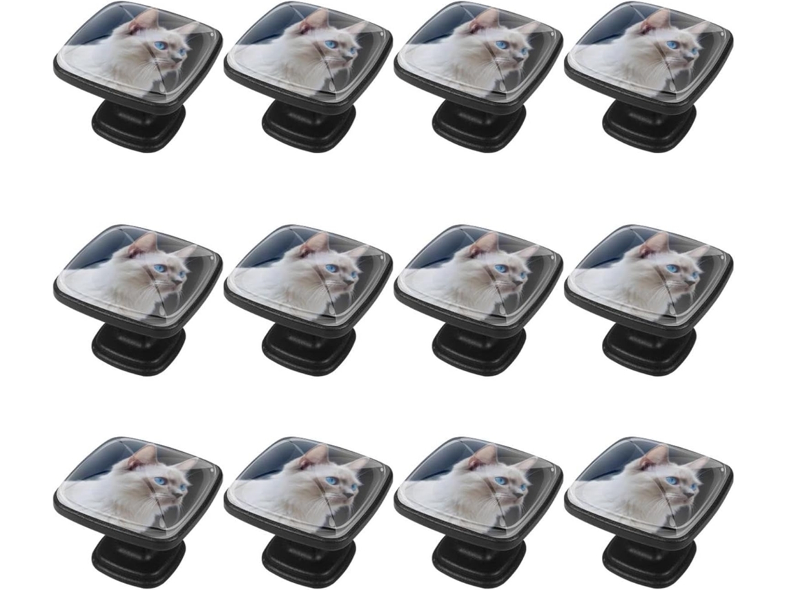 Puxadores E Maçanetas Quadradas Para Armários De Cozinha, Conjunto De 12 Peças, Com Estampa De Gato Olhos Azuis