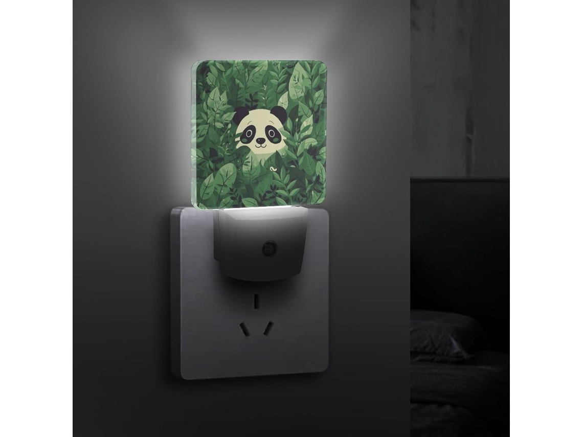 Luminária de parede com design de panda e folha verde, LED com sensor crepuscular, eficiente e decorativa para ambientes.