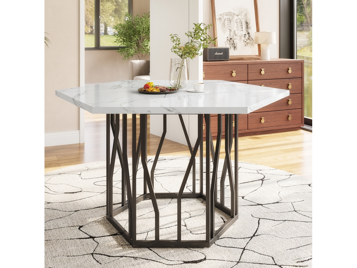 Mesa Hexagonal em Mármore com Base Metálica Preta Moderna VOLTEDGE
