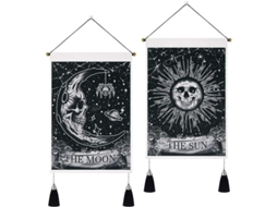 Set de 2 Tapeçarias Góticas Pequenas com Franges Decoração Gótica Parede Caveira Sol Lua 35x50cm | S/MARCA