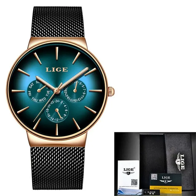 Relógio De Pulso Huashi Fashion Watch (preto E Verde) Quartz Mesh Steel À Prova D'água Ultrafino