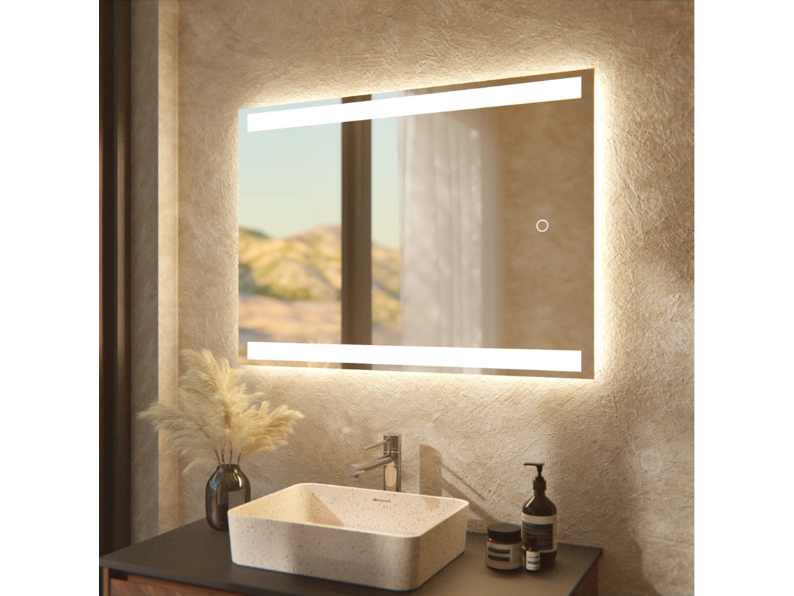 Mirlux Espelho De Banheiro Retangular Sem Moldura Com Led, 90x65 Cm - Anticondensação - 3 Leds Com Intensidade Ajustável