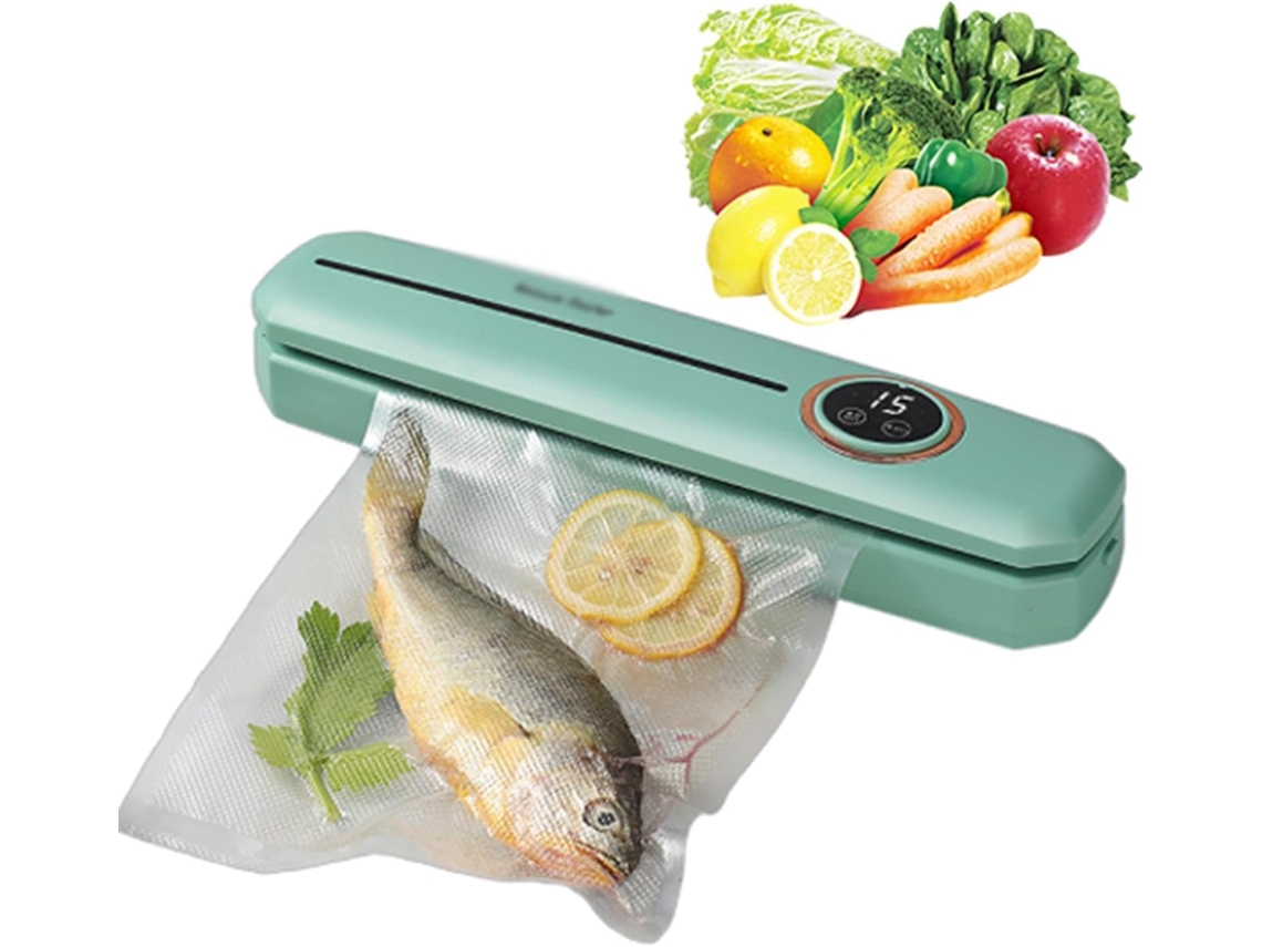Seladora a vácuo compacta com saco a vácuo, seladora a vácuo multifuncional para alimentos, ideal para armazenar alimentos úmidos e secos.