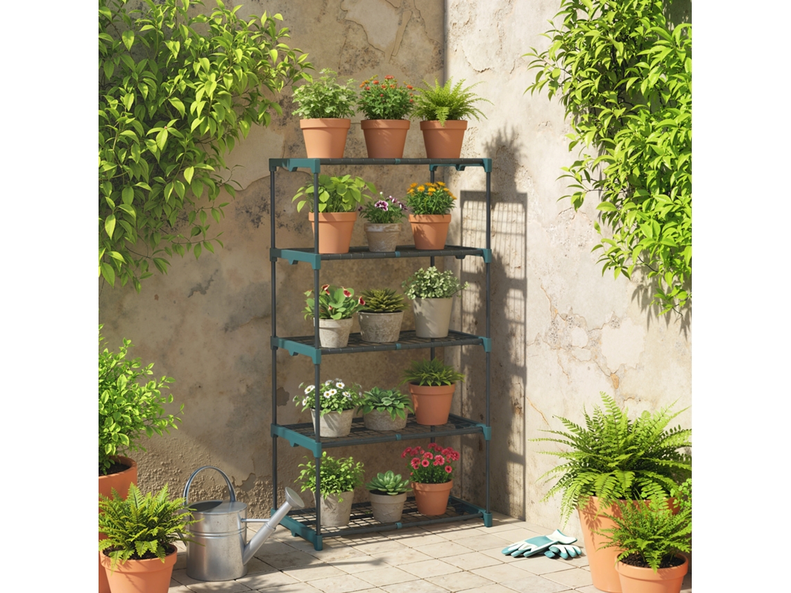 Estante para Flores em Aço 5 Níveis Interior e Exterior Suporte de Plantas para Jardim Varanda Sala 67x49x138cm Verde