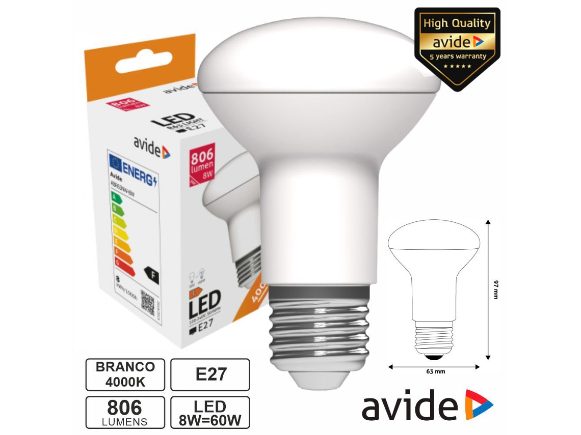 Lâmpada Led E27 R63 8w 230v 4000k 806lm AVIDE