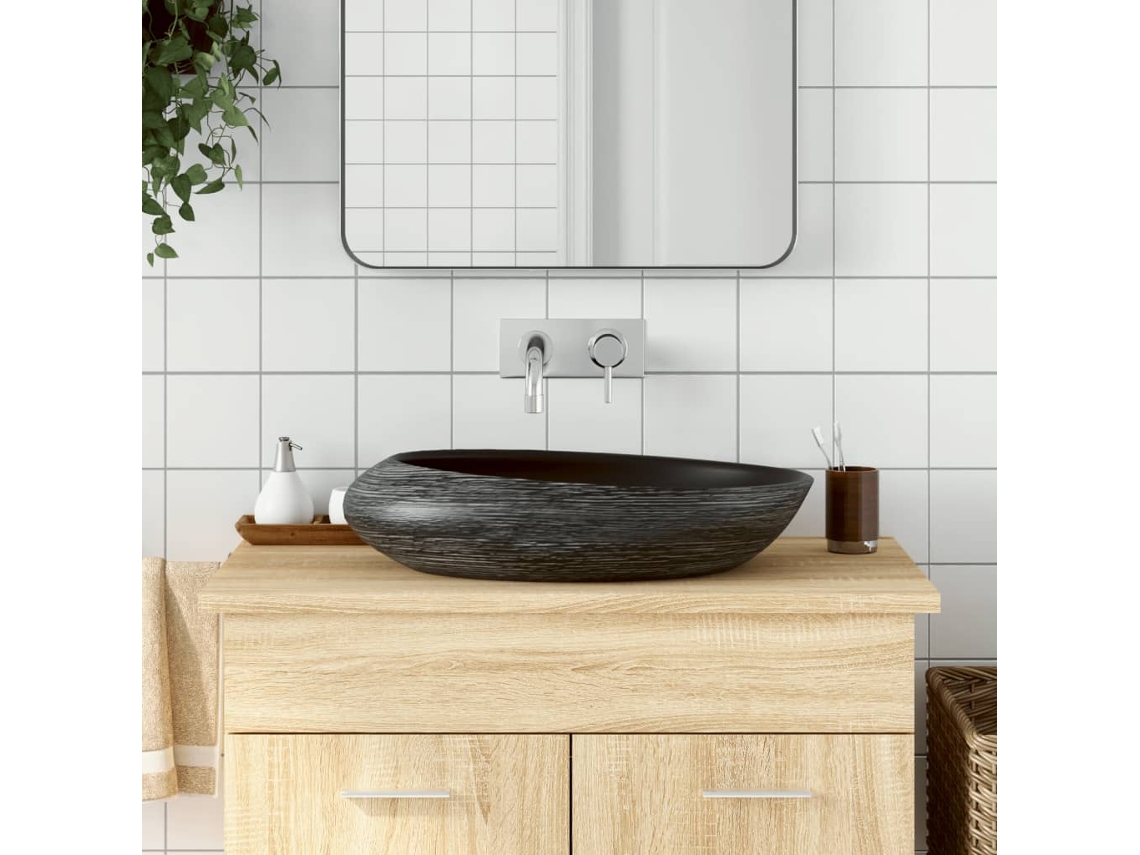 Vidaxl Lavatório De Bancada Oval 59x40x14 Cm Cerâmica Cinza E Preto