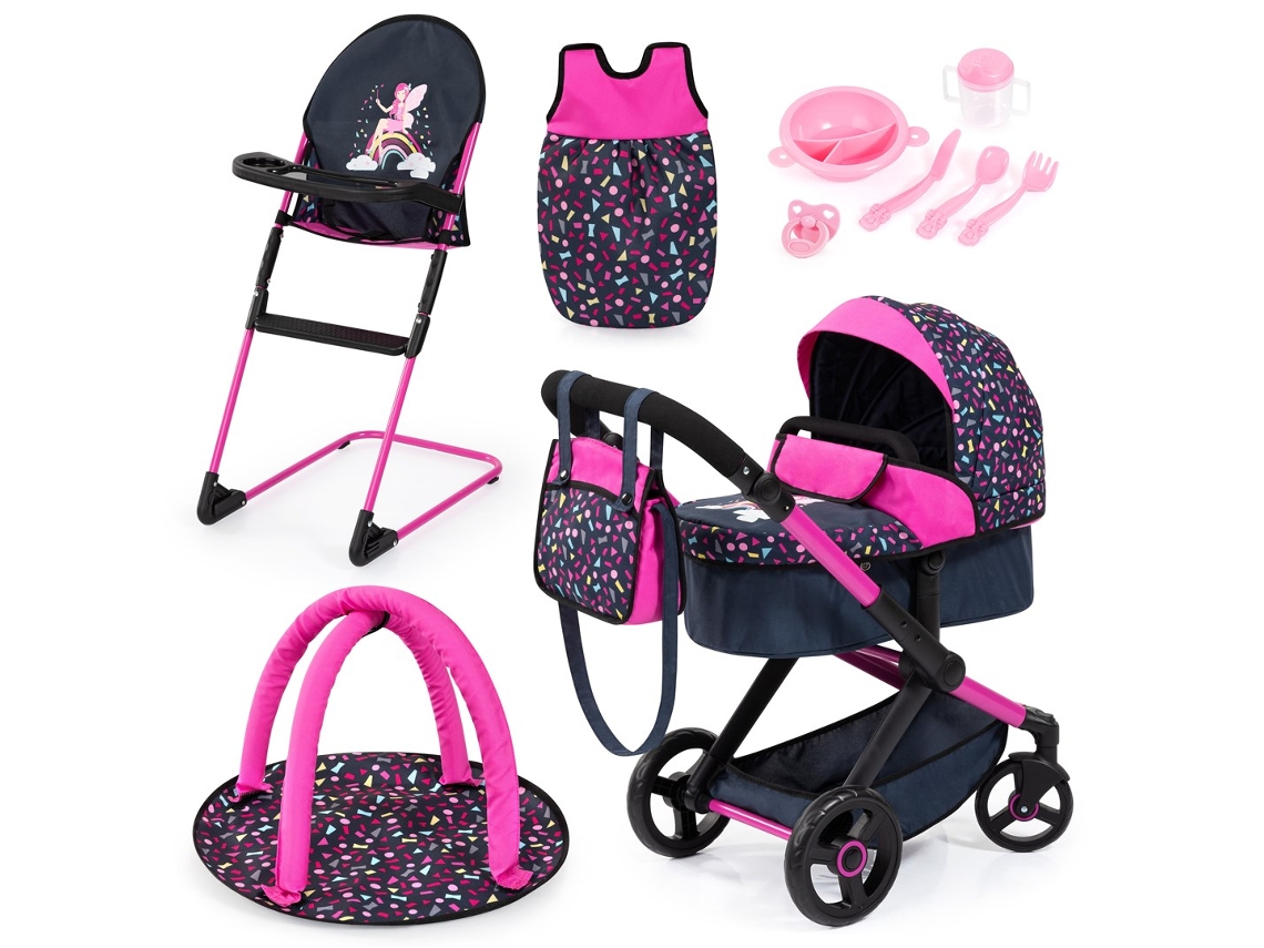 Carrinho de bebê Xeo Dolls, cadeira alta, saco de dormir azul marinho com acessórios 17080ab Bayer