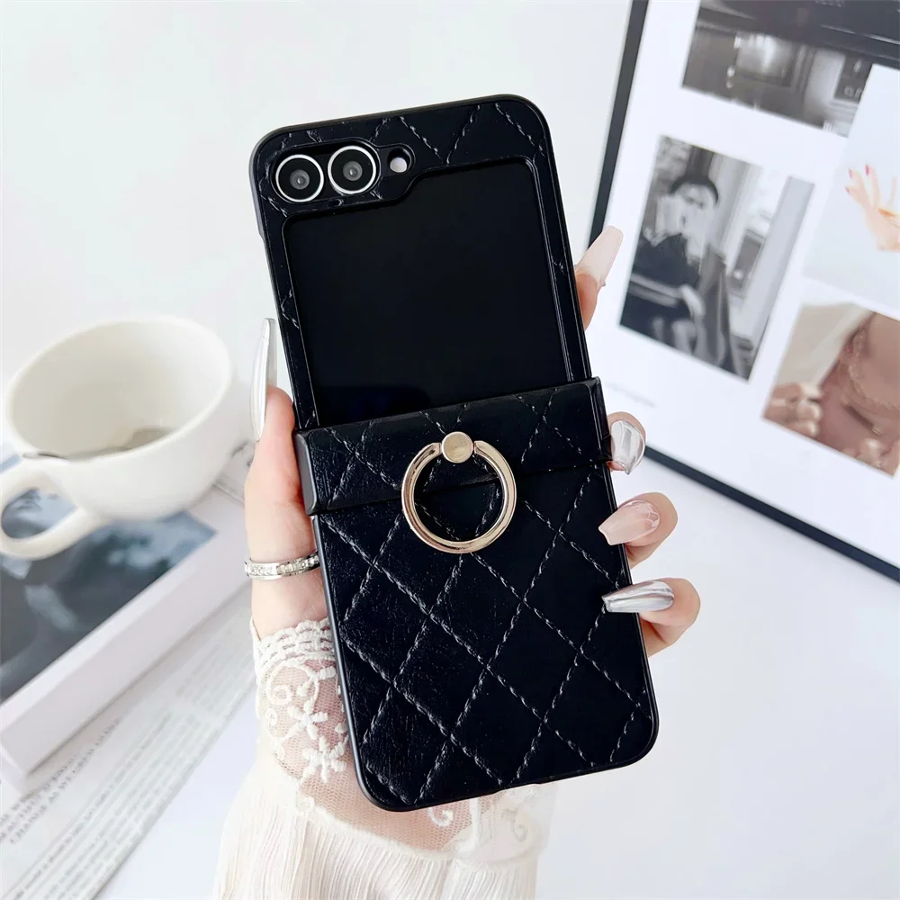 (preto, Galaxy Z Flip5) Capa Para Celular Em Couro Legítimo Com Padrão De Malha, Suporte De Anel E Proteção Flip Contra Impactos.