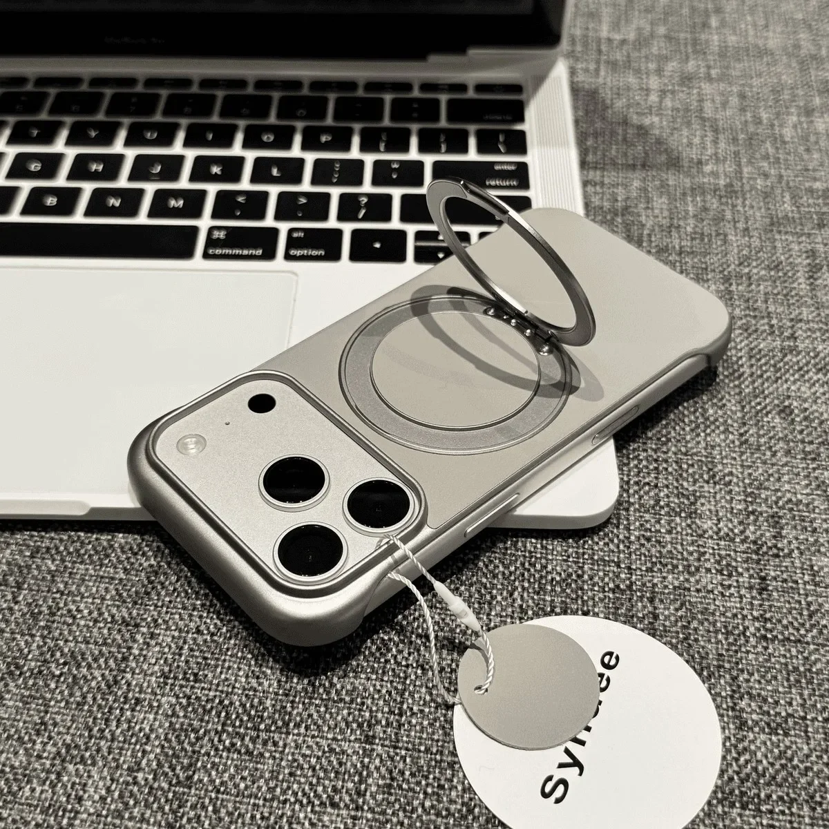Capa Rígida De Couro Genuíno Sem Moldura (cinza Escuro Para Iphone 13), Com Suporte De Anel De Metal E Magsafe.