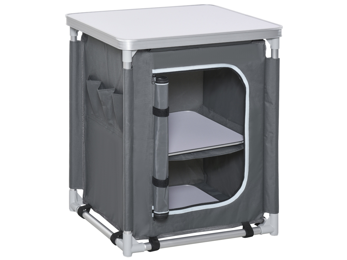 Armário Dobrável De Cozinha De Camping Com 2 Prateleiras E Bolsa De Transporte, Alumínio E Tecido Oxford 60x49x70cm Cinza Ch
