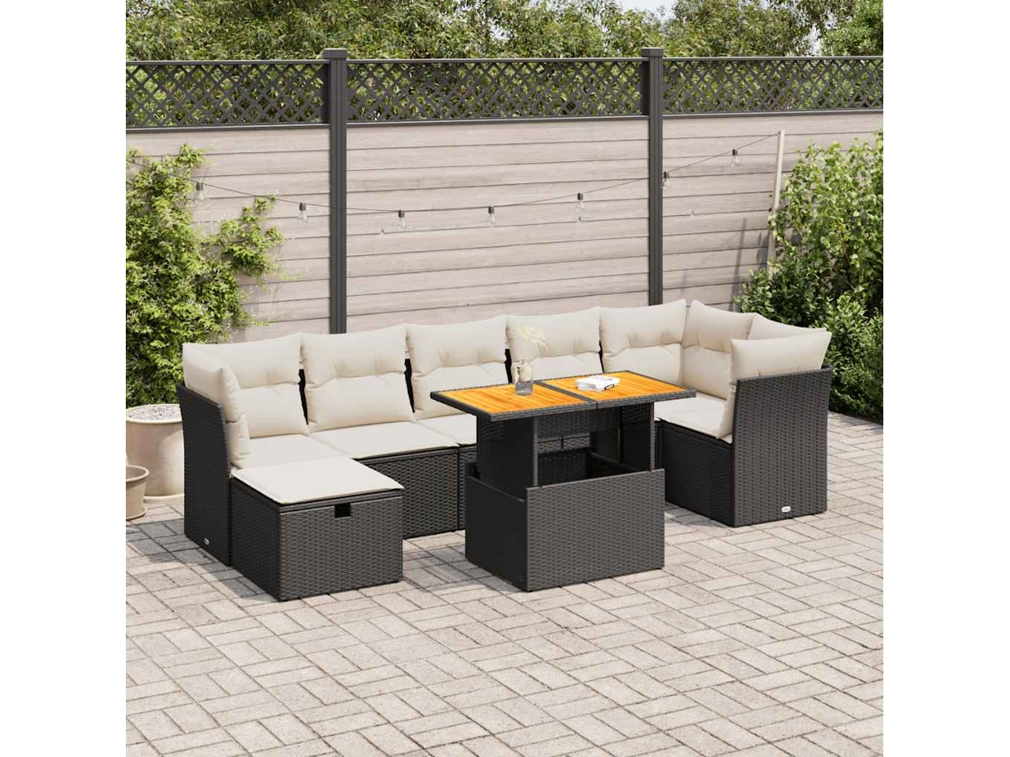 Vidaxl 8 Pcs Conjunto Sofás Jardim Com Almofadões Vime Pe/acácia Preto