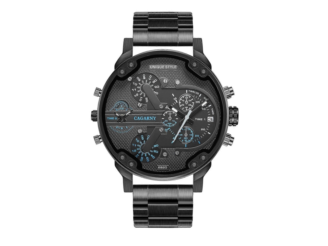 Relógio De Quartzo Masculino Cagarny 6820 Com Mostrador Azul E Pulseira De Aço, Movimento Duplo.