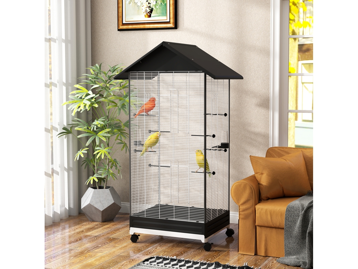 Gaiola Para Pássaros Metálica Com C/rodas Bandeja Amovível 4 Portas 2 Comedouros E 8 Poleiros 79x65x155 Cm Preto