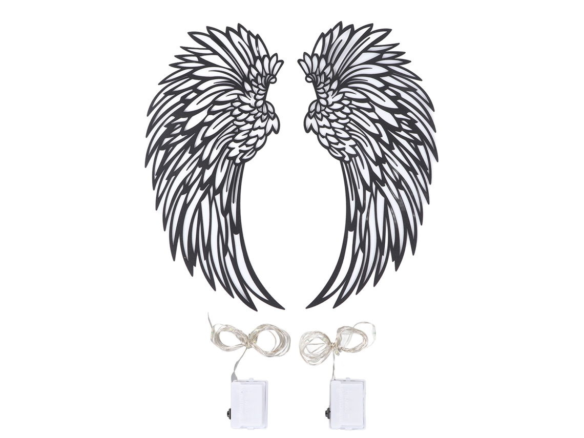 Mali arte de Parede com Asas de Metal Decorativa Aplicação Ampla 30cm com Luz Duas Faces Preto