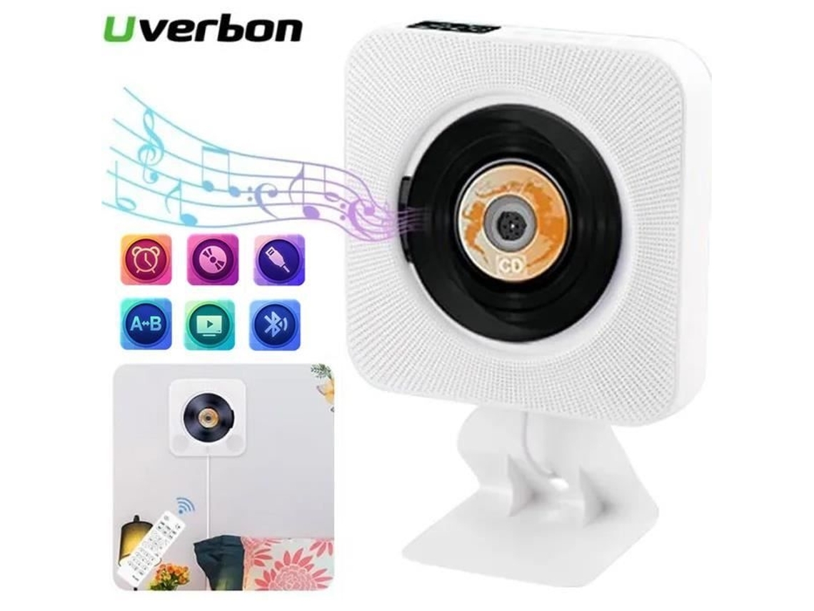 Leitor de CD portátil AQUAFORGE com alto-falantes HiFi e suporte de parede branco