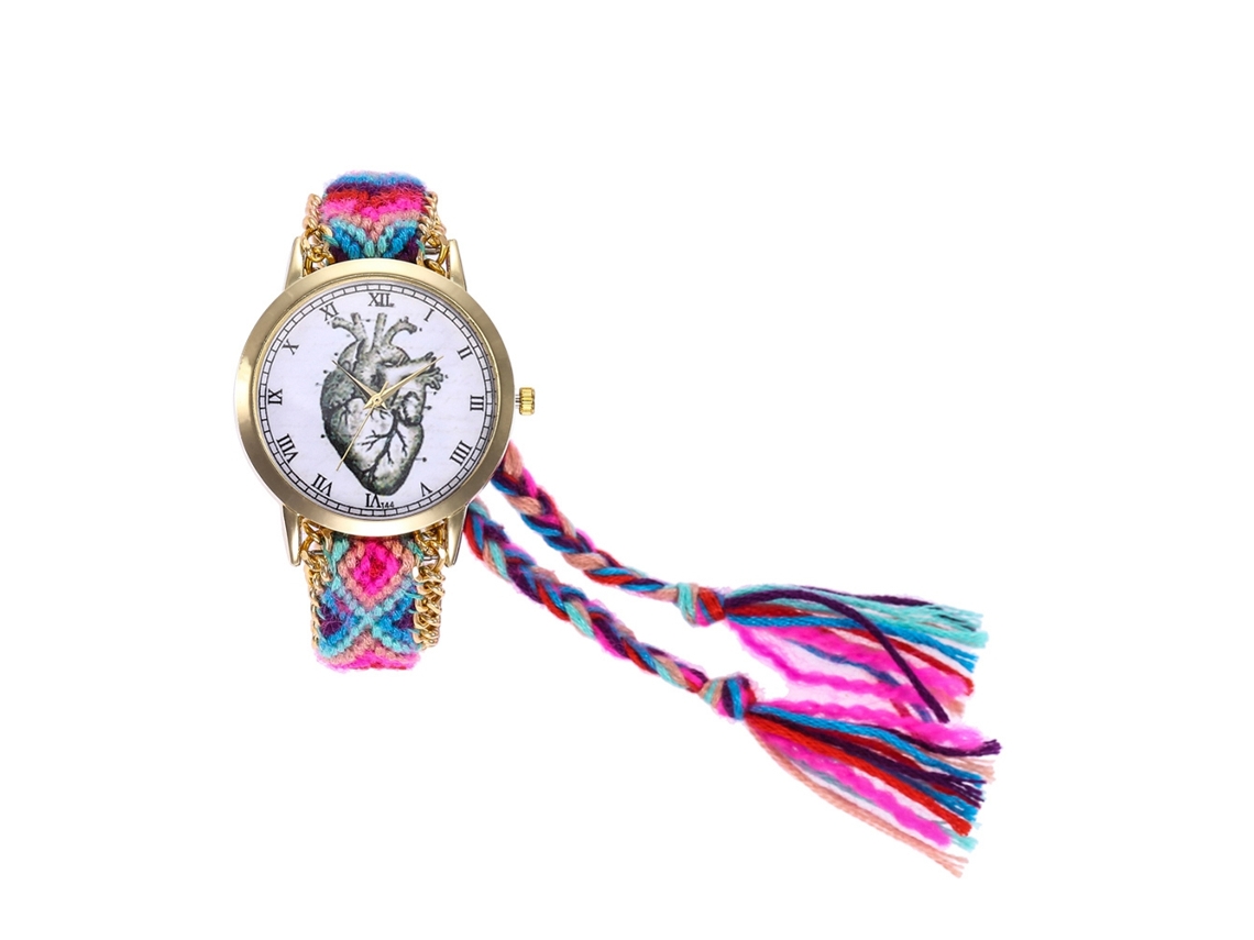 Relógio Pulseira Feminino de Lã Tecida com Números Romanos Quartzo Rosa Vermelho