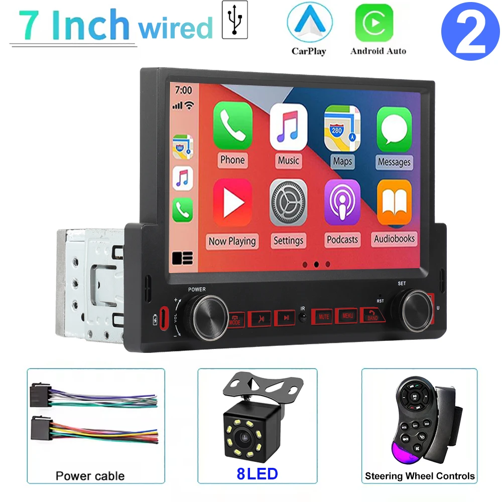 (com Fio - 8 Leds) Sistema Multimídia Automotivo Single Din De 7 Polegadas, Carplay, Android, Bluetooth, Mp5