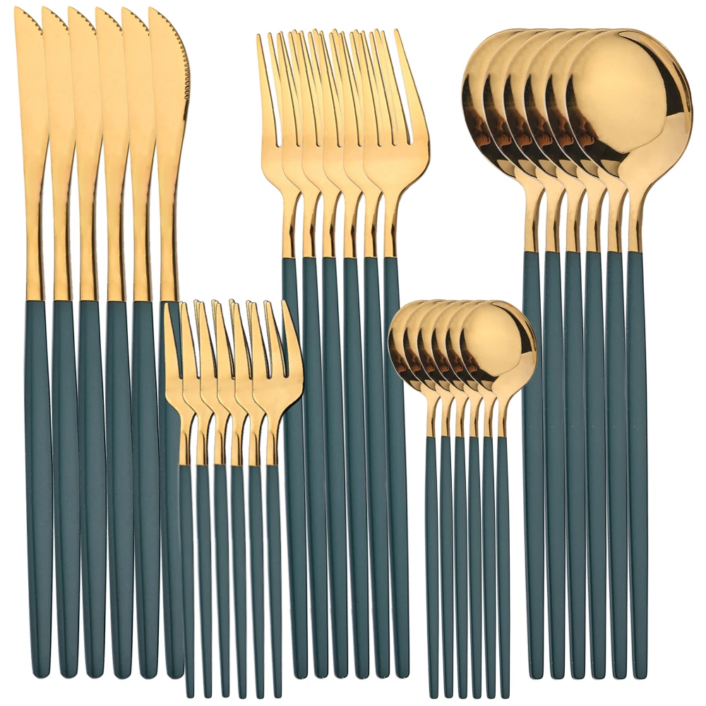 Conjunto De Jantar De 30 Peças Em Aço Inoxidável Com Espelho (verde Dourado), Estilo Ocidental, Talheres.