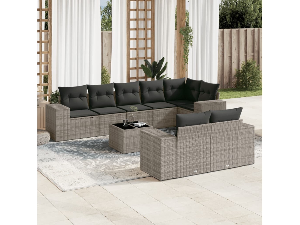 Vidaxl 9 Pcs Conjunto Sofás P/ Jardim com Almofadões Vime Pe Cinzento