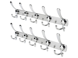 Gancho de Parede Nova Line em Aço Inoxidável, 40cm, para Casaco, Toalha, Chapéu, 2 Pacotes, 15 Ganchos, Prata