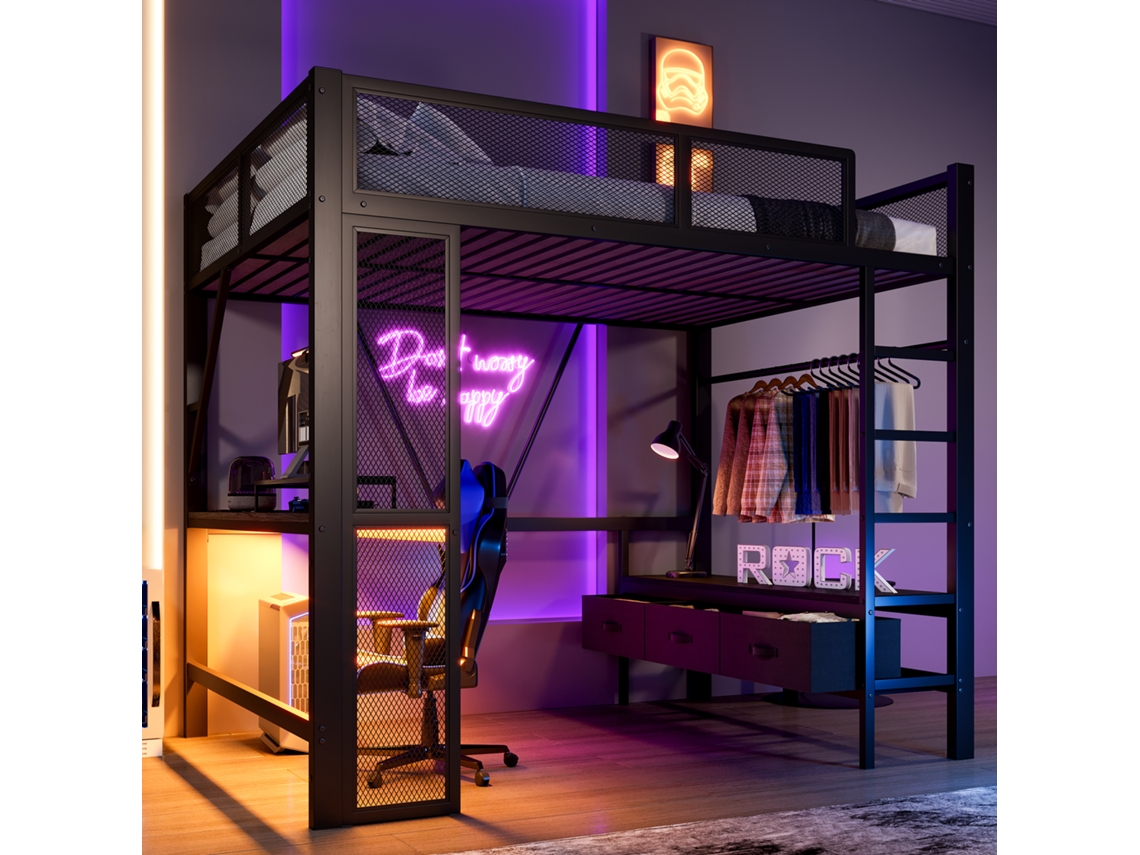 Cama Alta 140x200 Usb Led Escrivaninha 3 Gavetas Metálica Preta