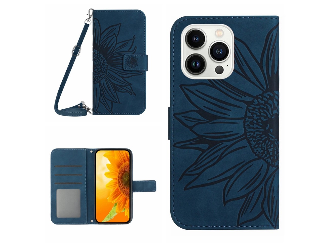 Capa Em Couro Pu Com Pega Para Apple Iphone 16 Pro Max - Azul Escuro