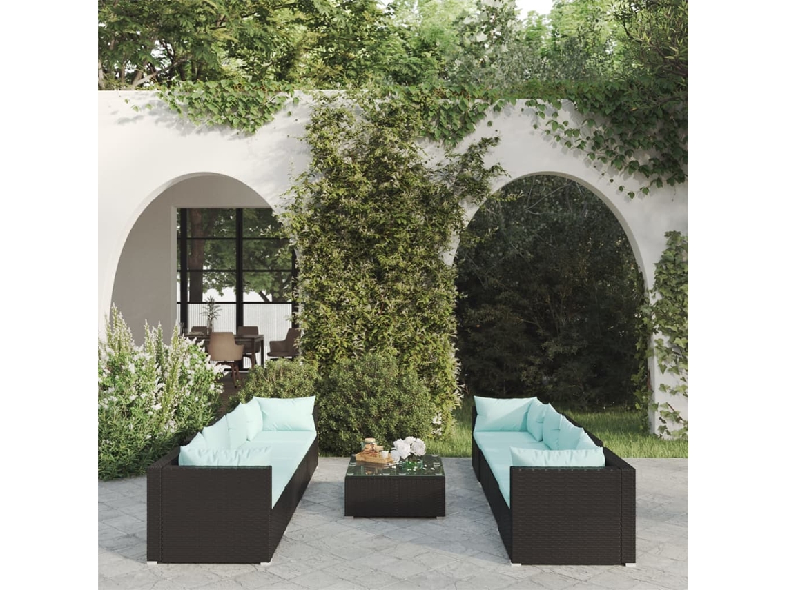 9 Pcs Conjunto Lounge De Jardim C/ Almofadões Vime Pe Preto Dkd Home Decor
